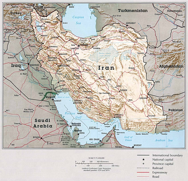 Eine detaillierte politische Karte von Iran, die wichtige Städte, Flüsse und geografische Merkmale zeigt, mit Text und Zahlen unten.