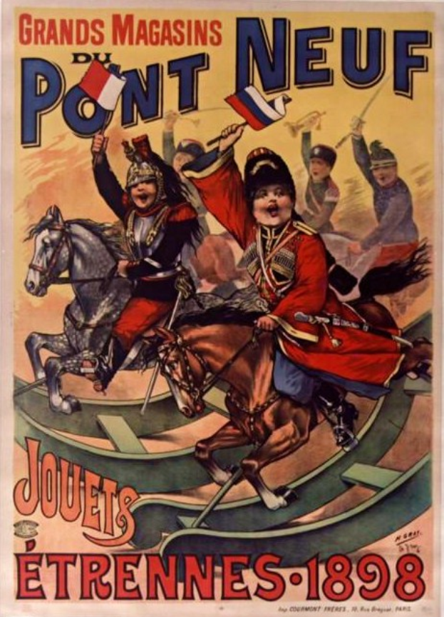 Ein altes französisches Plakat, das das Grand Magasin du Pont Neuf bewirbt und eine Gruppe von Menschen auf Pferden zeigt.