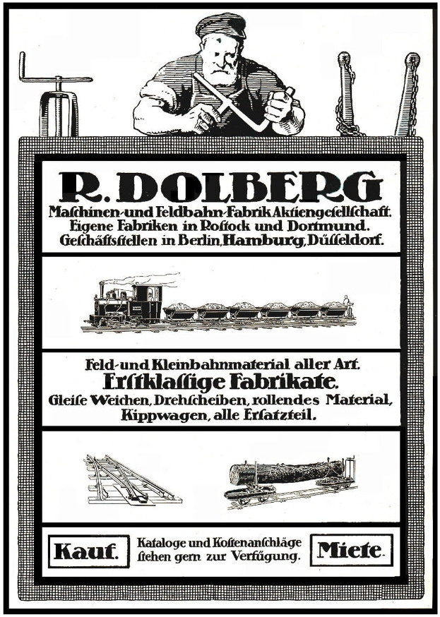 Werbeplakat für die Fabrik von R.D. Dolberg in Hamburg, Deutschland, mit Text und Abbildungen einer Person, eines Zugs und anderer Gegenstände.