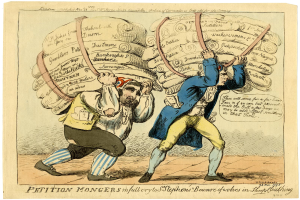 Zwei Karikaturenmänner sind in eine physische Auseinandersetzung verwickelt, jeder hält ein großes Blatt Papier mit Text darauf.