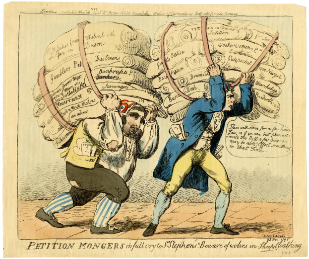 Zwei Karikaturenmänner sind in eine physische Auseinandersetzung verwickelt, jeder hält ein großes Blatt Papier mit Text darauf.