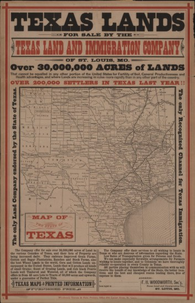 Detailiertes altes Kartenbild der Texas Land and Immigration Company auf schwarzem Hintergrund, das Land- und Einwanderungsgesellschaften in Texas mit zusätzlichen Textinformationen zeigt.