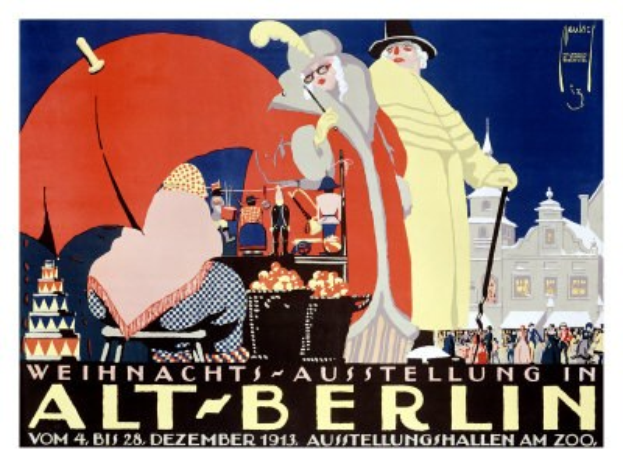 Plakat für eine Weihnachtsausstellung in altem Berlin, Deutschland, mit farbenfrohen Illustrationen von Menschen und Gebäuden und dem Text "Weihnachtsausstellung in Alt-Berlin" oben drauf.