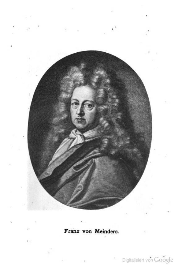 Schwarzes und weißes Portr├Ąt von Franz von Meinders, einem deutschen Komponisten mit langen lockigen Haaren, und deutschem Text unten.