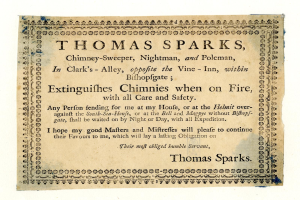 Papier mit gedrucktem Text, der die Dienstleistungen des Schornsteinfegers Thomas Sparks ankündigt, einschließlich der Löschung von Schornsteinbränden, befindet sich in Clark's Alley gegenüber dem Vine-Inn innerhalb von Bishopsgate.