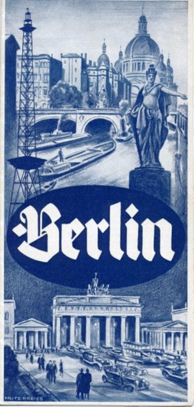 Ein Plakat, das Berlin, Deutschland bewirbt, zeigt eine Statue, Gebäude, einen Turm, Menschen, Fahrzeuge auf der Straße und eine Brücke, mit Text, der Informationen über die Stadt enthält.