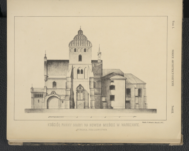 Altes Buch mit einer detaillierten Zeichnung einer Kirche, inklusive sichtbarer Fenster, Bogengönne und Sülulen, begleitet von beschreibendem Text.