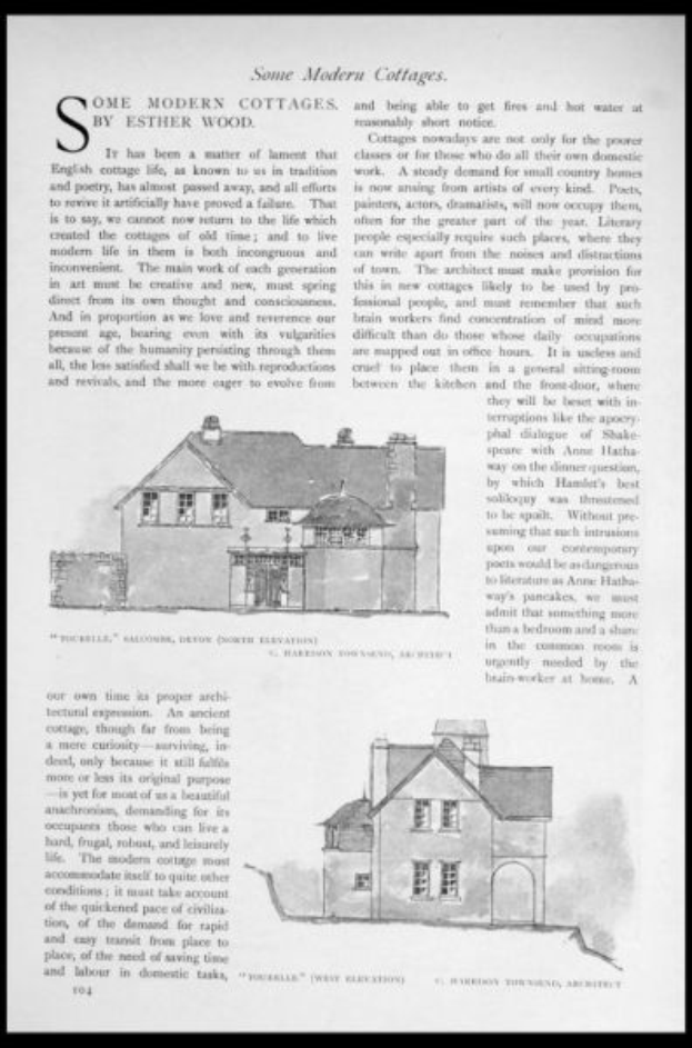 Ein Blatt mit schwarzem Hintergrund, das eine Zeichnung moderner Hütten von Esther Wood und begleitenden Text zeigt, der die Hütten beschreibt.