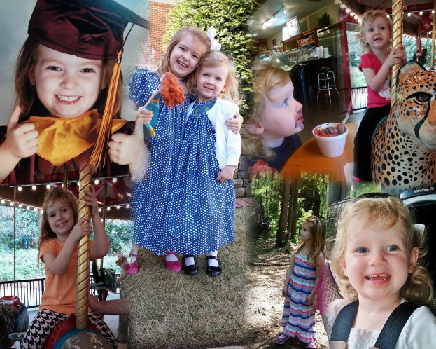 Eine Collage mit Vergnügungsparkfahrgeschäften, einem Tisch mit Essensartikeln einschließlich eines Bechers und Löffels, verschiedenen Gegenständen, Lichtern, einer Wand, Büschen, Bäumen, Gras, einem Seil und einem Hut.