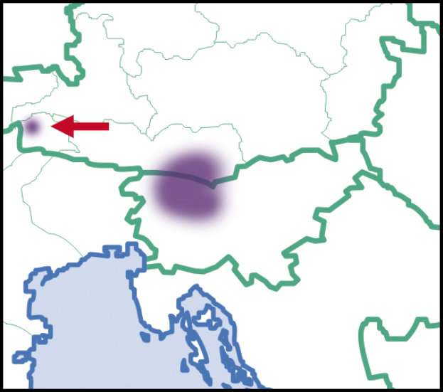 Eine animierte Karte von Deutschland mit einem roten Pfeil, der auf einen violetten Punkt zeigt.