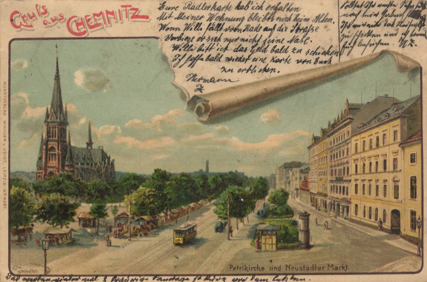 Schwarz-weiß-Postkarte mit einer deutschen Stadtstraße, die Gebäude, Bäume, Fahrzeuge, Fußgänger, Strommasten und einen bewölkten Himmel zeigt, mit handgeschriebener Schrift auf der Vorderseite.