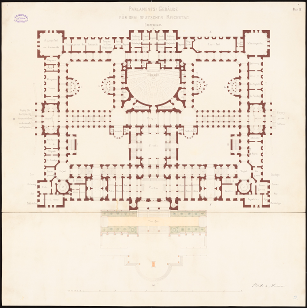 Ein detaillierter Grundrissplan des Reichstags in Berlin, Deutschland, der den Aufbau der kreisförmigen Struktur zeigt, einschließlich Räumen, Fluren, Fenstern und Türen, mit begleitendem Text, der zusätzliche Informationen bereitstellt.