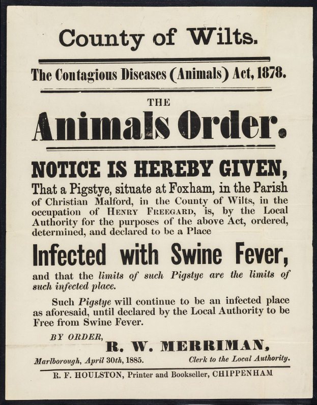 Ein Plakat mit Text, der die Animals Order Notice unter dem Contagious Diseases Animals Act, 1878, für Schweinepest im County of Wilts ankündigt.
