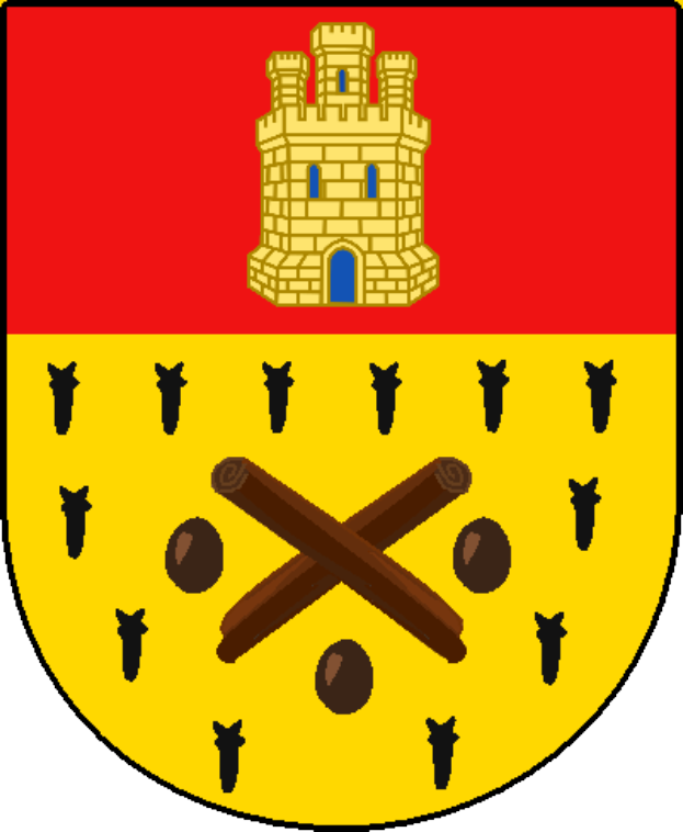 Das Wappen von Heidelberg, Deutschland, zeigt ein zentrales Gebäude umgeben von einem roten, gelben und schwarzen Hintergrund, mit historischen und kulturellen Objekten unten.