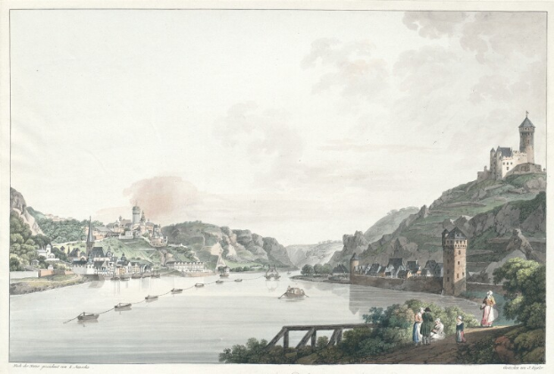 Ein Gemälde, das den Rhein in Nordrhein-Westfalen, Deutschland, mit Booten, einer Brücke, Menschen, Bäumen, Gebäuden, Hügeln und einem Himmel im Hintergrund zeigt.