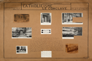 Ein Buch mit Bildern und Texten, die die Geschichte der katholischen Kirche dokumentieren, einschließlich Bildern von ihren Räumen, Fluren und konservierten Artefakten.