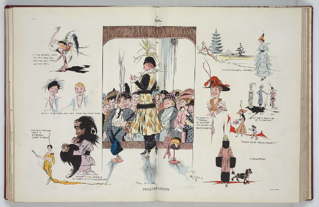 Ein aufgeschlagenes Buch mit einer Zeichnung einer vielseitigen Gruppe von Menschen auf einer flachen Oberfläche, das Bilder und Text zum Thema Mode enthält.