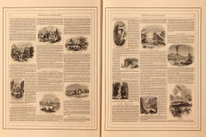 Offenes Buch mit Seiten, die Bilder von Landschaften wie Bergen, Flüssen und Wäldern neben beschreibendem Text zeigen.