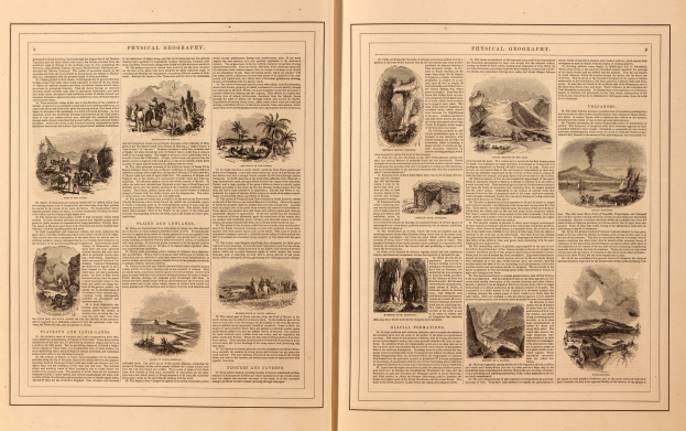 Offenes Buch mit Seiten, die Bilder von Landschaften wie Bergen, Flüssen und Wäldern neben beschreibendem Text zeigen.