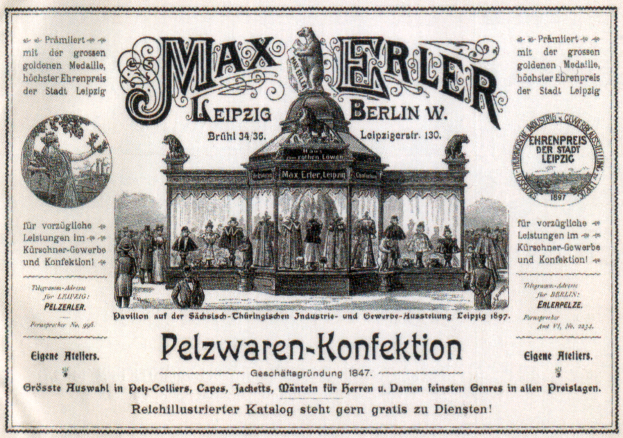 Eine alte Werbung für Max Erler Leipzig in Berlin, Deutschland, zeigt eine Gruppe von Menschen vor einem Gebäude mit Text, der ein Ereignis ankündigt.