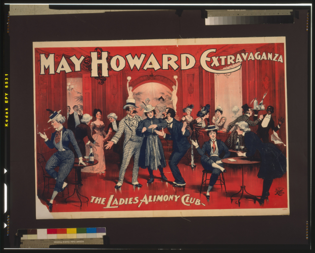 Ein Plakat für das May Howard Extravaganza im Ladies Alimony Club, das eine Gruppe von Menschen zeigt, die um Tische stehen und sitzen, mit Text darauf.