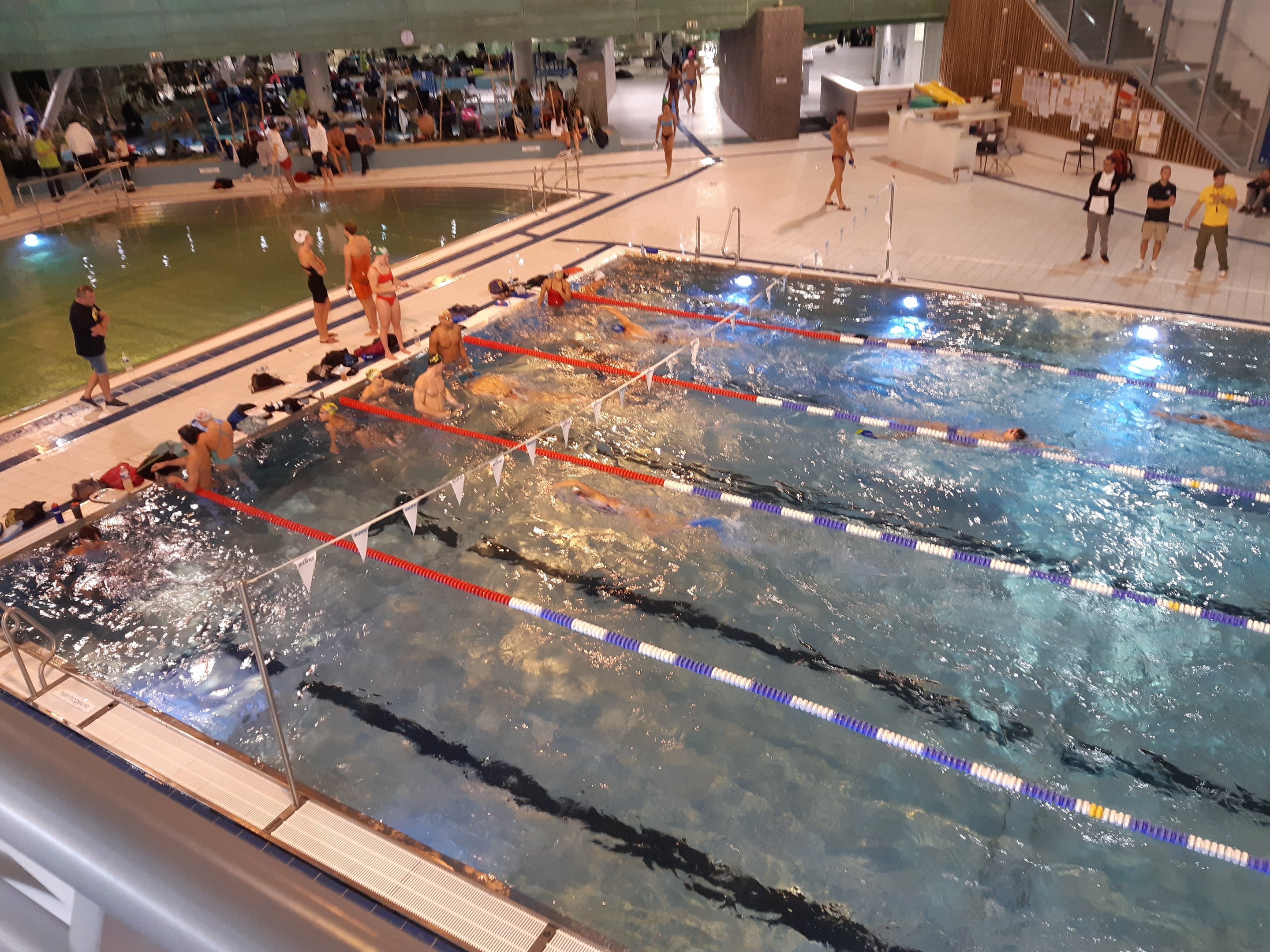Großes Hallenbad mit schwimmenden, stehenden und sitzenden Menschen, mit Treppen, Geländern und einer Wand im Hintergrund.