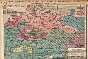Ein Plakat aus dem Jahr 1618, das eine detaillierte Karte von Mitteleuropa mit Texten zur religiösen Situation in der Region zeigt.