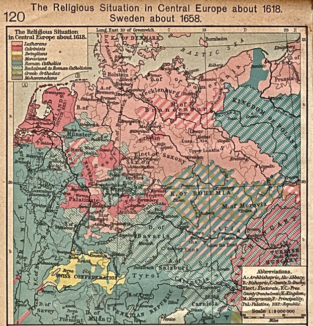 Ein Plakat aus dem Jahr 1618, das eine detaillierte Karte von Mitteleuropa mit Texten zur religiösen Situation in der Region zeigt.
