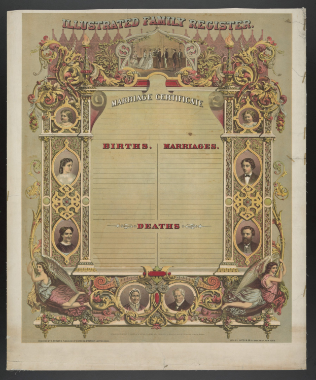 Ein illustrierter Familienstammbuch-Eintrag mit schwarzem Hintergrund, der Bilder von Menschen und den Text "Geburten, Heiraten, Sterbefälle" zeigt.