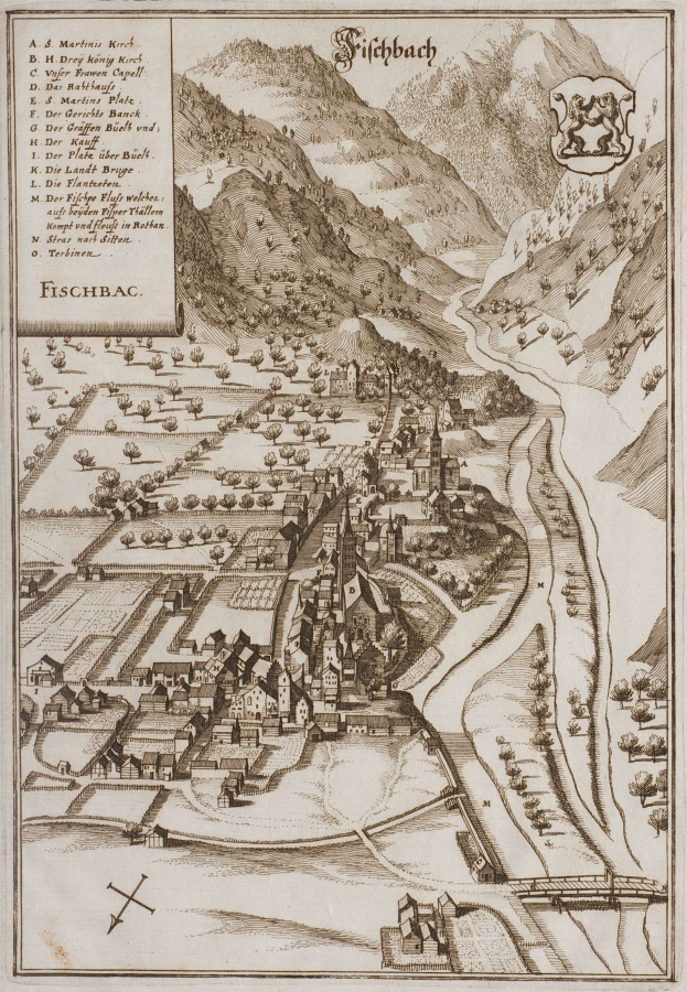 Ein alter Stadtplan von Fischbach, Deutschland, mit Häusern, Bäumen, Hügeln, einem gewundenen Fluss, Text und einem Logo.