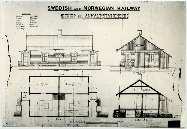 Ein detailliertes Bild eines schwedischen und norwegischen Bahnhofs mit zwei Häusern und beschreibendem Text über den Bahnhof.