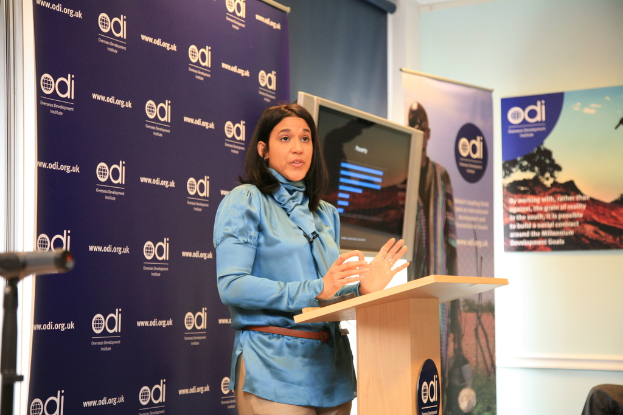 Eine Frau steht hinter einem Rednerpult mit einem Ständer zu ihrer Linken, einer Tafel, einem Fernseher und einer Fahne dahinter und einer weiteren Tafel an der Wand.