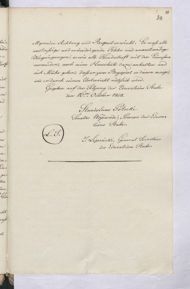 Ein aufgeschlagenes Buch mit Handschrift darauf, das auf einem Tisch liegt, der Text lautet "Hansislaus Polocki, Herausgeber Megearder, Präsident der Bildung, 1808".