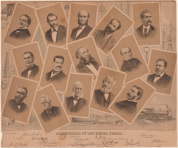 Schwarzes und weißes Foto mit dem Titel "Millionäre der Vereinigten Staaten", das eine Gruppe von formell gekleideten Personen in Anzügen und Krawatten zeigt.