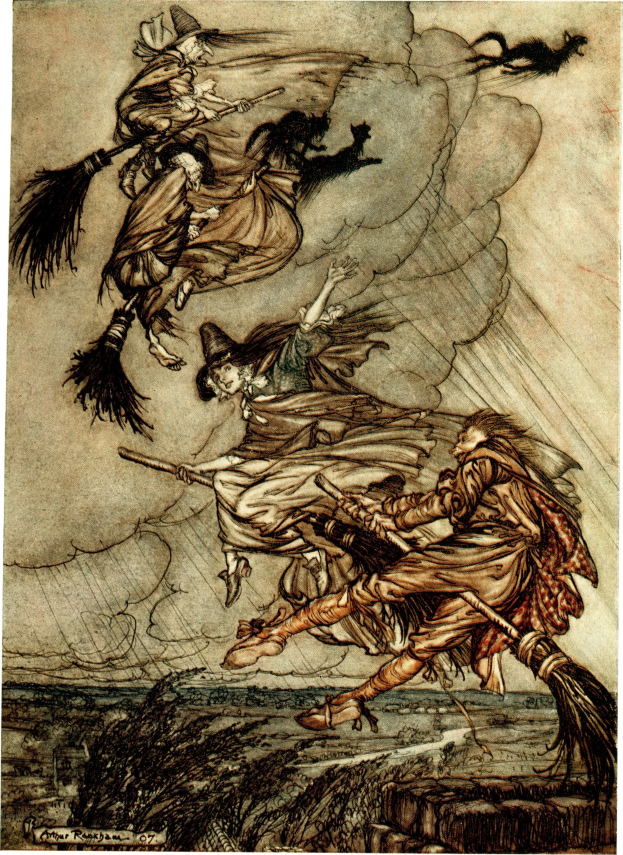 Gemälde von Arthur Rackham namens "Die Hexen", das drei Hexen auf einem Besenstiel über Pflanzen zeigt.
