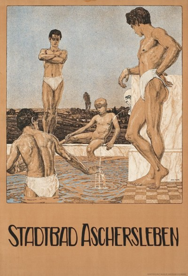 Plakat, das einen Schwimmbadbesuch in Aschersleben, Deutschland, zeigt, mit Menschen im Wasser und einem sitzenden Menschen sowie Text mit Pool-Informationen.