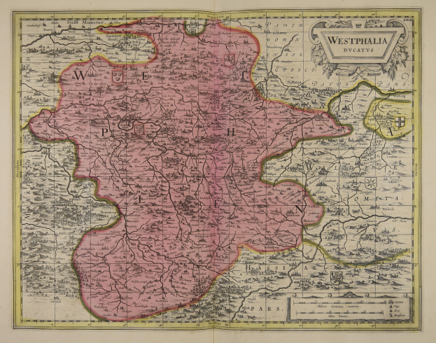 Eine alte Karte von Westfalen, Deutschland, mit den Provinzen des Königreichs England und Wales deutlich sichtbar, gedruckt auf Papier mit detallierten Texten über die Region.