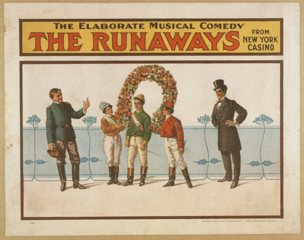 Plakat für "Elaborate Musical Comedy Runaways from New York Casino" mit einer Gruppe von Menschen in einer Reihe, wobei eine zentrale Person einen Blumenstrauß hält und Text beschreibt die Komödie.