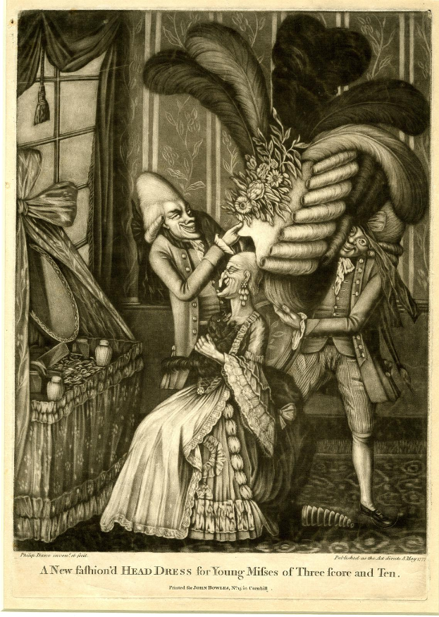 Eine Schwarz-Weiß-Zeichnung einer Frau in einem Kleid und eines Mannes mit Hut, mit einem Vorhang und Fenster im Hintergrund und einem Text unten, der "Ein neuer Modenschmuck für junge Damen ab drei Jahren" lautet.