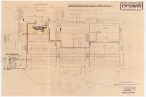 Schwarze und weiße Architekturzeichnung des Rosenhof-Krankenhauses in Hamburg, Deutschland, die detaillierte Layout mit zahlreichen Drähten, Räumen, Fluren und Textanmerkungen zeigt.
