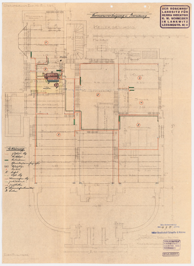Schwarze und weiße Architekturzeichnung des Rosenhof-Krankenhauses in Hamburg, Deutschland, die detaillierte Layout mit zahlreichen Drähten, Räumen, Fluren und Textanmerkungen zeigt.