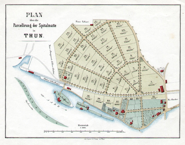 Ausführliche alte Karte von Thun, Deutschland, zeigt Straßen, Gebäude und Sehenswürdigkeiten mit Textbeschriftungen.