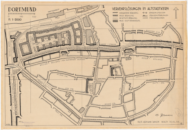 Ein detaillierter alter Stadtplan von Dortmund, Deutschland, der Stra├čen, Geb├Ąude und Sehenswürdigkeiten mit Textanmerkungen zeigt.