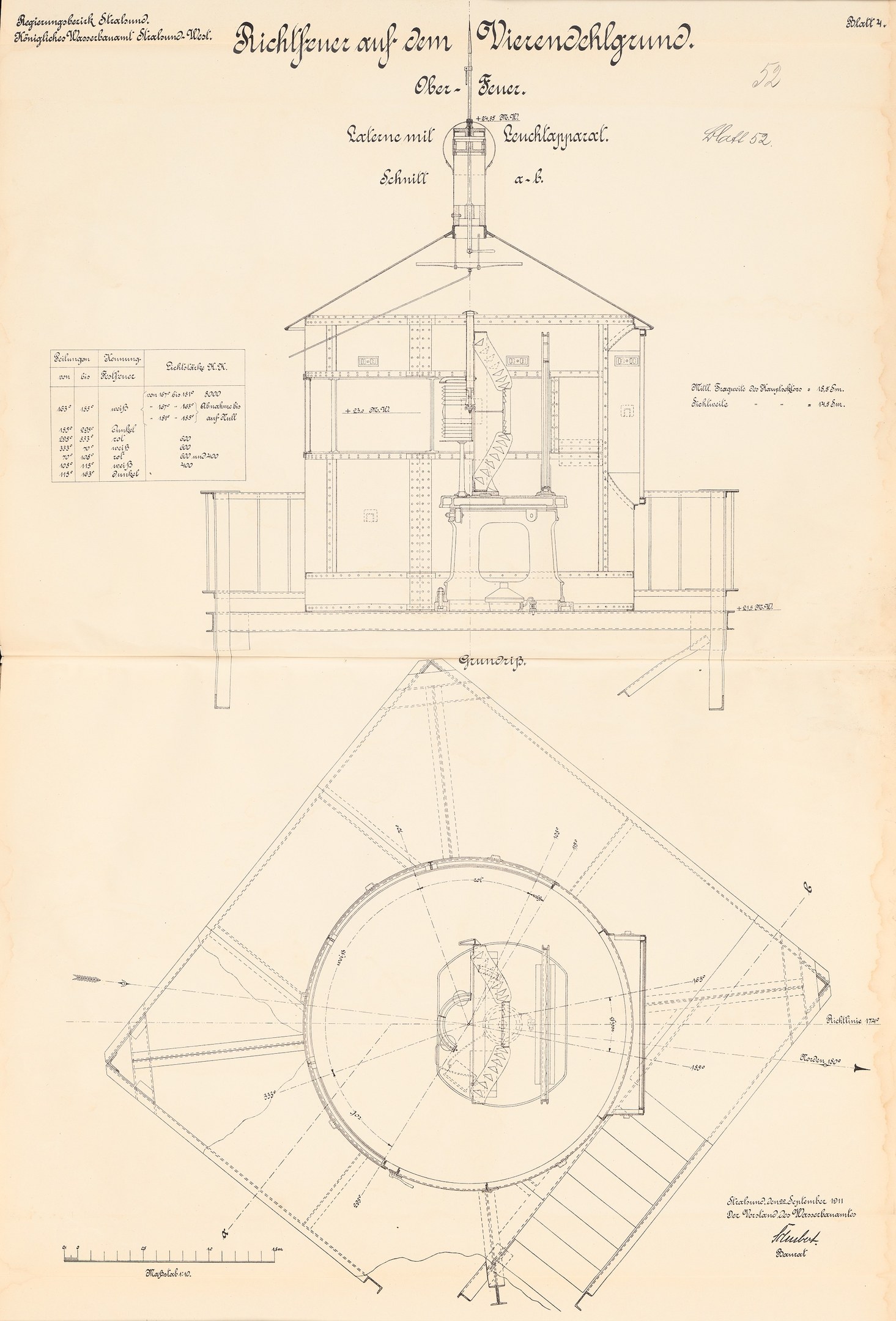 Ein detaillierter architektonischer Entwurf eines Gebäudes mit einer kreisförmigen Struktur oben drauf, begleitet von Plänen und Text.