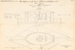 Ein detaillierter architektonischer Entwurf eines Gebäudes mit einer kreisförmigen Struktur oben drauf, begleitet von Plänen und Text.