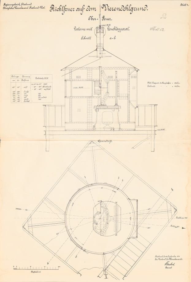 Ein detaillierter architektonischer Entwurf eines Gebäudes mit einer kreisförmigen Struktur oben drauf, begleitet von Plänen und Text.