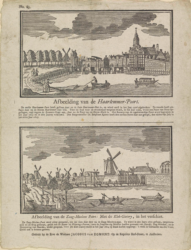 Ein altes Buchblatt mit einer Stadtansicht-Illustration, die Gebäude, Bäume, Menschen, Boote und Windmühlen zeigt, begleitet von beschreibendem Text.