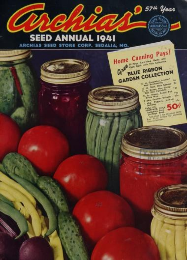 Ein Buch mit dem Titel "Maule's Seed Book: The Guide to Successful Gardening Vegetables, Flowers, and Farm Crops 1935" mit Bildern verschiedener Gemüse und Text auf dem Cover.