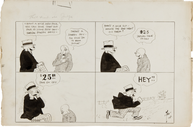 Eine Comic-Seite mit einem Mann in Zylinder und einer Frau in Kleid, beide besorgt aussehend, mit dem Text "Die Wahrheit des Richters".