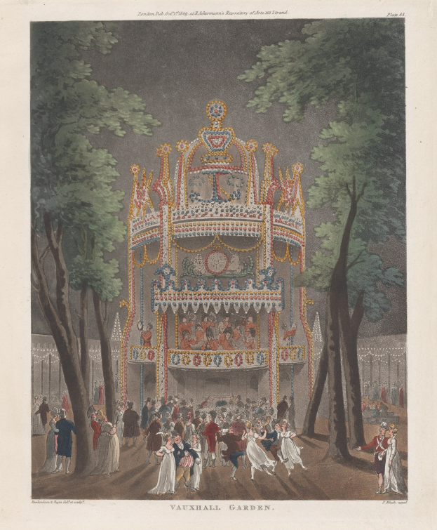Gemälde eines Karussells in Vauxhall Gardens, London, umgeben von Bäumen und Menschen, datiert 1775.